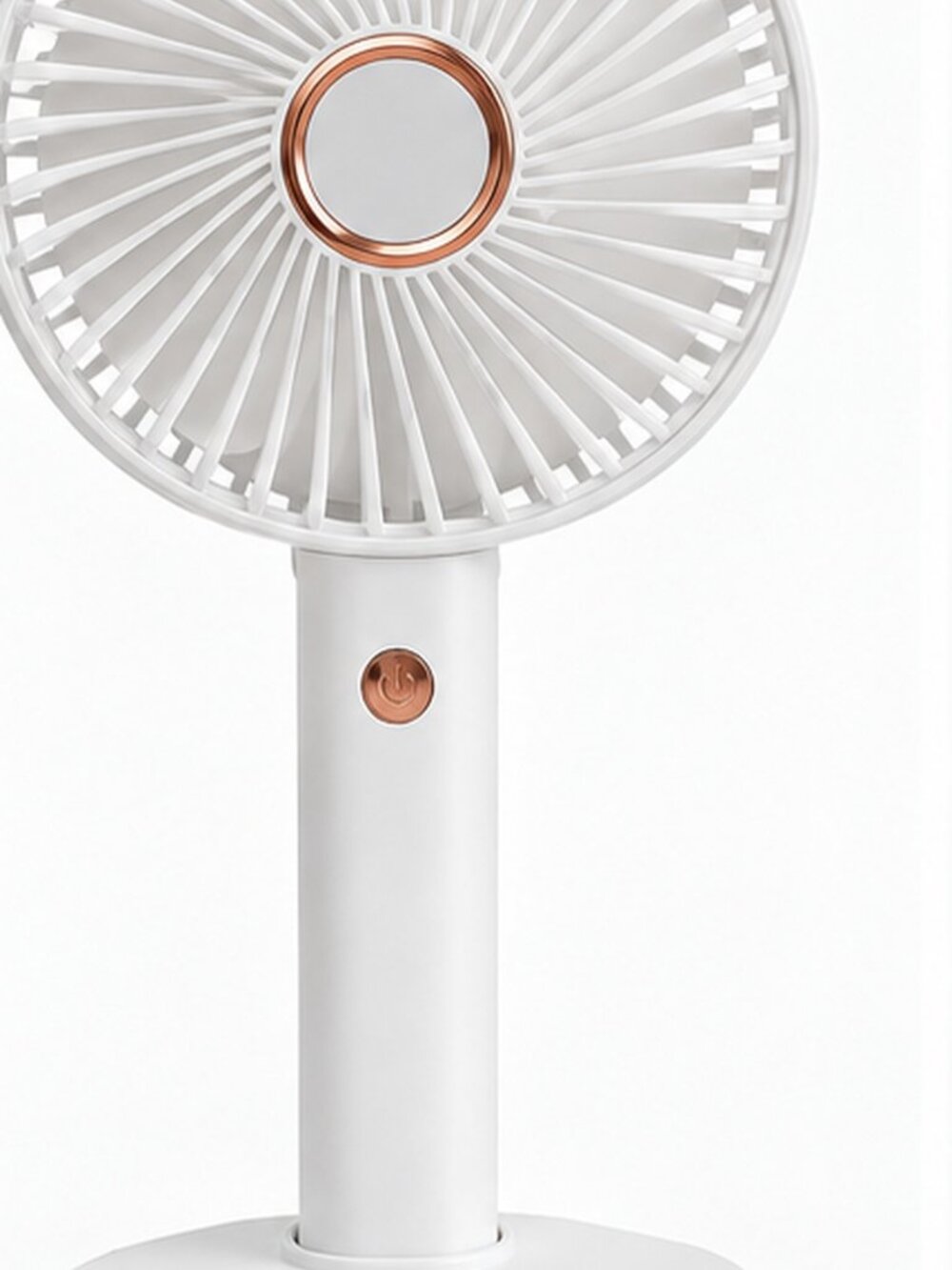 Portable Rechargeable Mini Fan with Phone Stand – White & Rose Gold